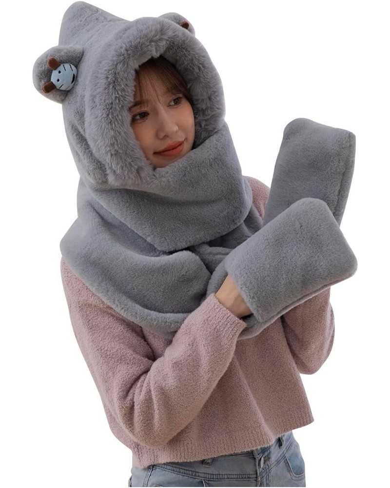 Womens 3 in 1 Warm Plush Hoodie Cap Paw Gloves Mitten Scarf Set Soft Winter Warm Hooded Scarf A01-grey $13.20 Skullies & Beanies