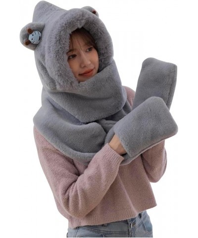 Womens 3 in 1 Warm Plush Hoodie Cap Paw Gloves Mitten Scarf Set Soft Winter Warm Hooded Scarf A01-grey $13.20 Skullies & Beanies