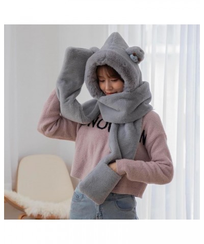 Womens 3 in 1 Warm Plush Hoodie Cap Paw Gloves Mitten Scarf Set Soft Winter Warm Hooded Scarf A01-grey $13.20 Skullies & Beanies