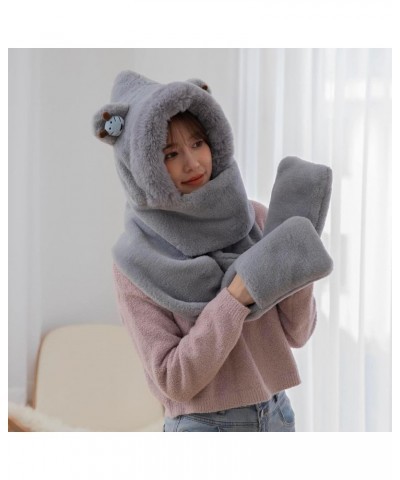 Womens 3 in 1 Warm Plush Hoodie Cap Paw Gloves Mitten Scarf Set Soft Winter Warm Hooded Scarf A01-grey $13.20 Skullies & Beanies