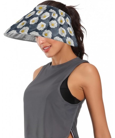 White Flowers on Navy Women Sun Visor Hat Wide Brim Roll-up Beach Hat Summer UV Protection Beach Cap for Women $8.40 Sun Hats