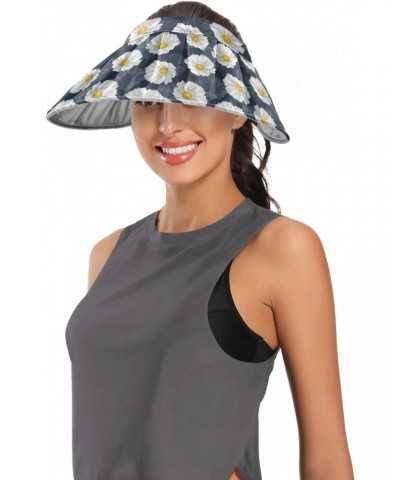 White Flowers on Navy Women Sun Visor Hat Wide Brim Roll-up Beach Hat Summer UV Protection Beach Cap for Women $8.40 Sun Hats