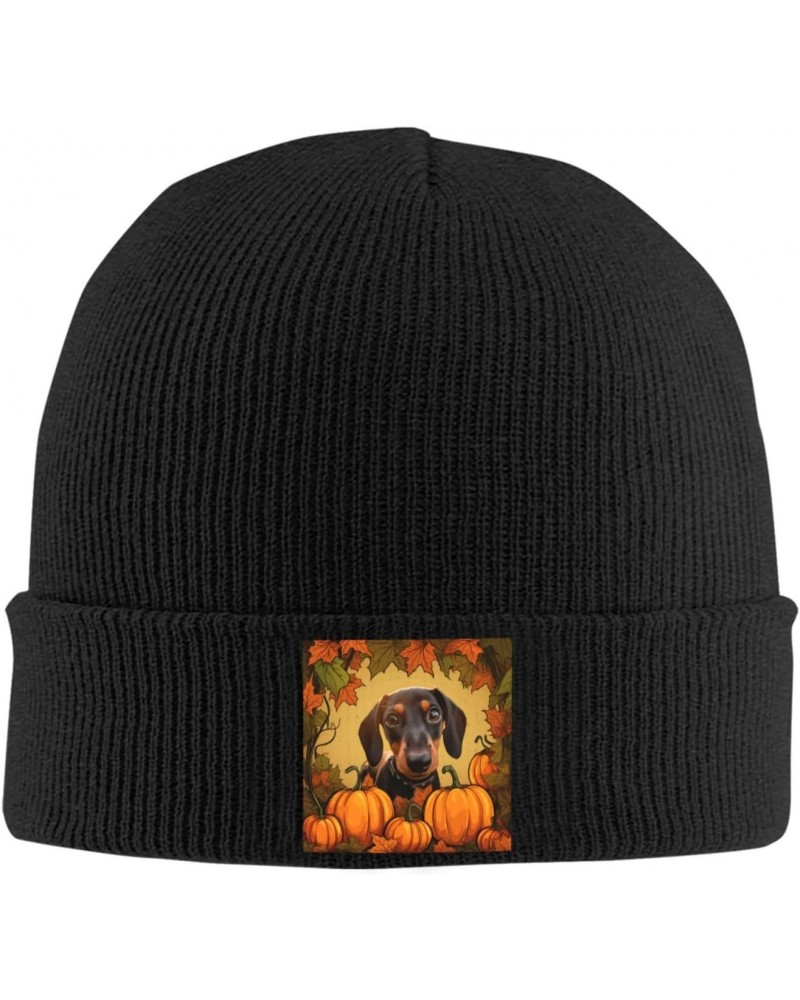 Fall Dachshund Maple Leaf Autumn My Love Dog Cute Puppy Beanie Hat Skull Knit Warm Cap Women Men Soft Stretch for Winter0 Bla...