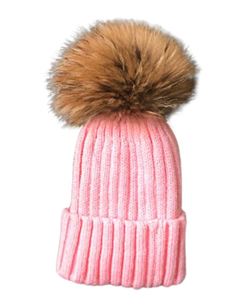 Knitted Beanie Hat with Faux Fur Pompom, Skull Cap with Big Pom Pom for Winter, Cold Weather Pink-adult Size $11.58 Skullies ...