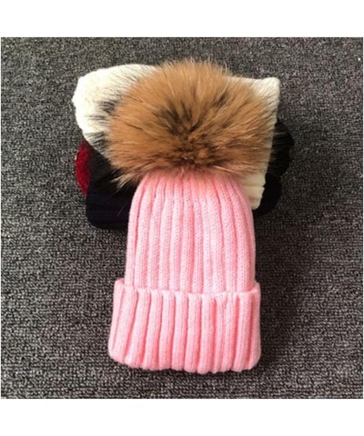 Knitted Beanie Hat with Faux Fur Pompom, Skull Cap with Big Pom Pom for Winter, Cold Weather Pink-adult Size $11.58 Skullies ...