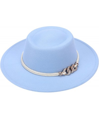 Women Fashion Classic Wide Brim Fedora Hat with Ring Belt Felt Panama Hat Blue $10.25 Fedoras