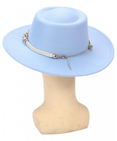 Women Fashion Classic Wide Brim Fedora Hat with Ring Belt Felt Panama Hat Blue $10.25 Fedoras