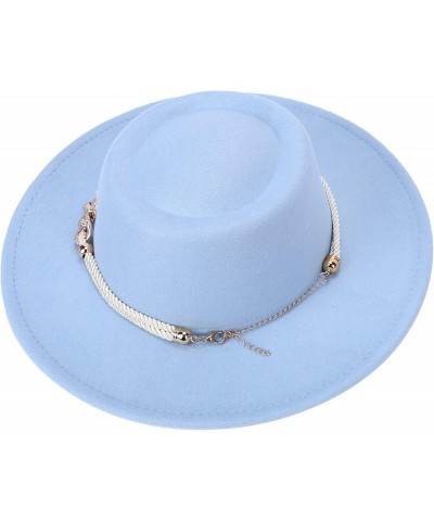 Women Fashion Classic Wide Brim Fedora Hat with Ring Belt Felt Panama Hat Blue $10.25 Fedoras