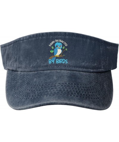 Easily Distracted by Birds Sun Visor Hats for Women Men Sun Hat Cotton Golf Hat Vintage Baseball Cap Navy Blue $14.53 Visors