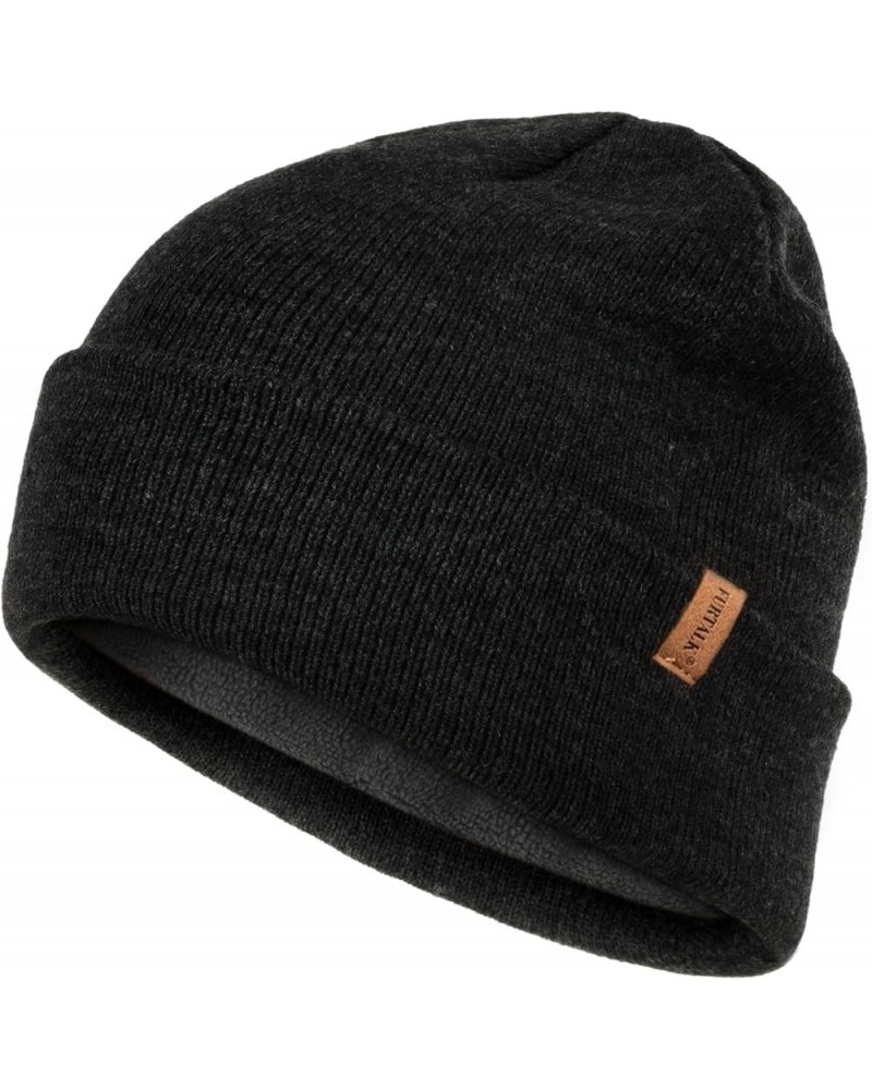 Mens Beanie Fleece Lined Winter Hats Double Layered Stylish Knited Cuffed Plain Hat Dark Grey $14.99 Skullies & Beanies