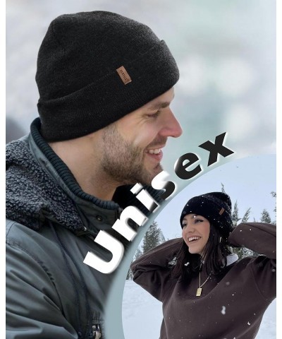 Mens Beanie Fleece Lined Winter Hats Double Layered Stylish Knited Cuffed Plain Hat Dark Grey $14.99 Skullies & Beanies