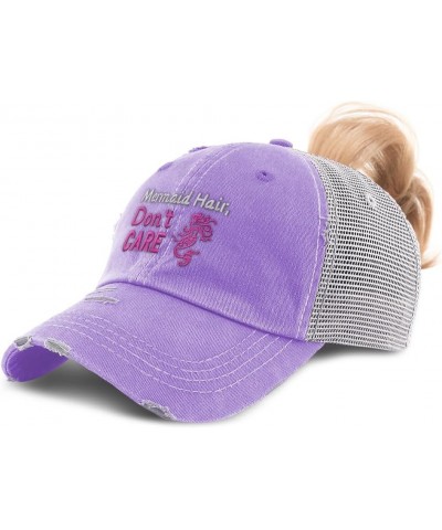 Womens Ponytail Cap Mermaid Hair Don't Care Cotton Distressed Trucker Hats Lavender $11.48 Baseball Caps