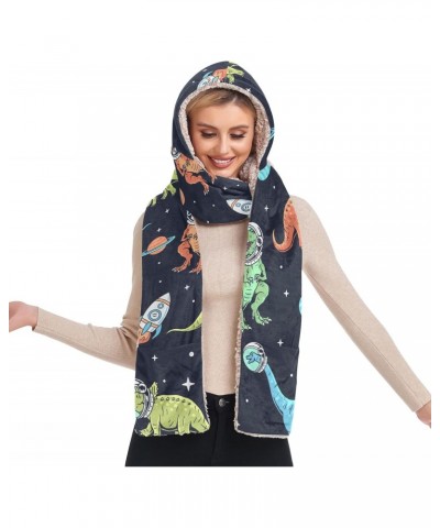 Women Winter Warm Hoodie Hat Scarf Gloves Pocket Warm Hat Dinosaur Cartoons in Space Long Scarf Wraps Ski Snow $15.80 Scarves