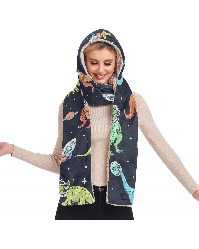 Women Winter Warm Hoodie Hat Scarf Gloves Pocket Warm Hat Dinosaur Cartoons in Space Long Scarf Wraps Ski Snow $15.80 Scarves