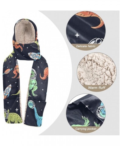 Women Winter Warm Hoodie Hat Scarf Gloves Pocket Warm Hat Dinosaur Cartoons in Space Long Scarf Wraps Ski Snow $15.80 Scarves