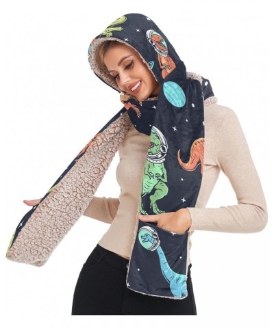 Women Winter Warm Hoodie Hat Scarf Gloves Pocket Warm Hat Dinosaur Cartoons in Space Long Scarf Wraps Ski Snow $15.80 Scarves