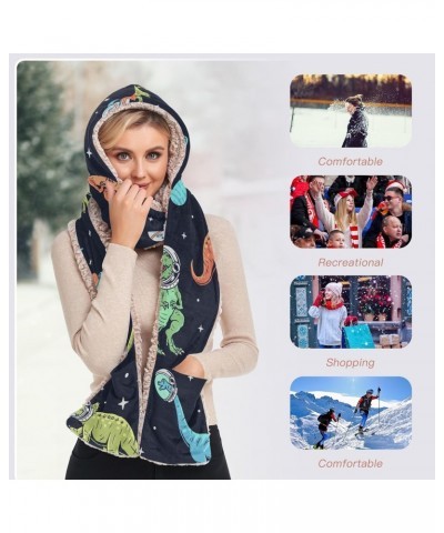 Women Winter Warm Hoodie Hat Scarf Gloves Pocket Warm Hat Dinosaur Cartoons in Space Long Scarf Wraps Ski Snow $15.80 Scarves