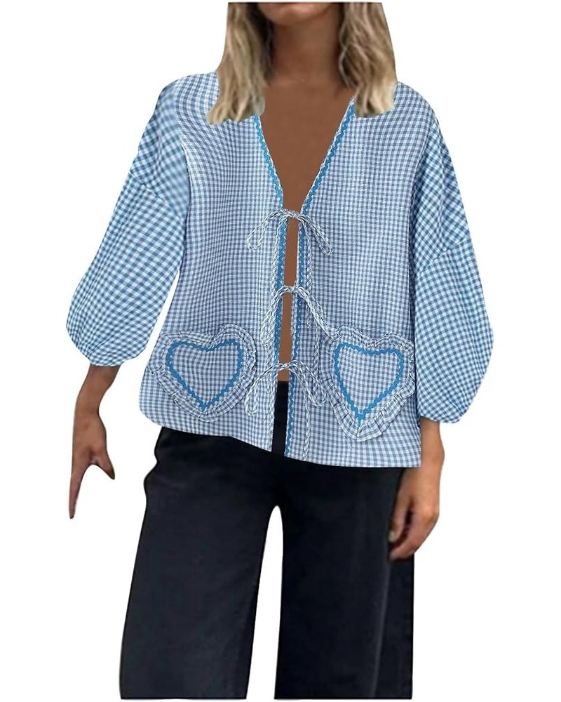 Womens Fashionable Plaid Heart Decoration Loose Lace Up Decoration Short Sleeved Casual Shirt Flannel Fashion Blue-k $9.66 Vi...