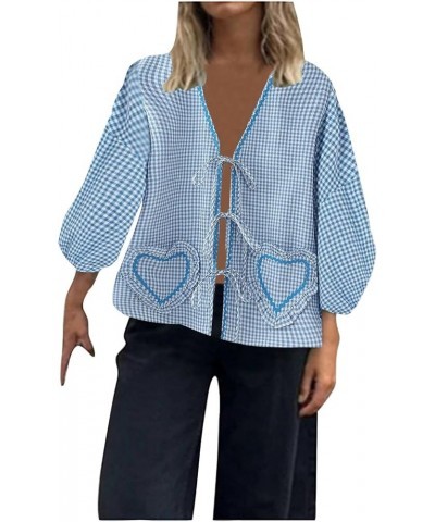 Womens Fashionable Plaid Heart Decoration Loose Lace Up Decoration Short Sleeved Casual Shirt Flannel Fashion Blue-k $9.66 Vi...