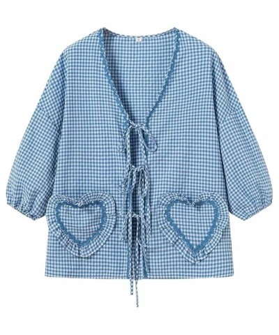 Womens Fashionable Plaid Heart Decoration Loose Lace Up Decoration Short Sleeved Casual Shirt Flannel Fashion Blue-k $9.66 Vi...