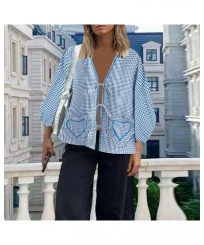 Womens Fashionable Plaid Heart Decoration Loose Lace Up Decoration Short Sleeved Casual Shirt Flannel Fashion Blue-k $9.66 Vi...