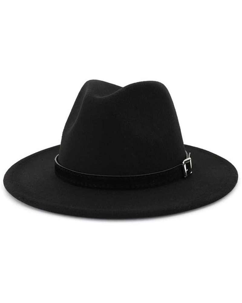 Men Women Wide Brim Wool Felt Fedora Panama Hat with Belt Buckle Jazz Trilby Cap Formal Top Hat Black $15.06 Fedoras