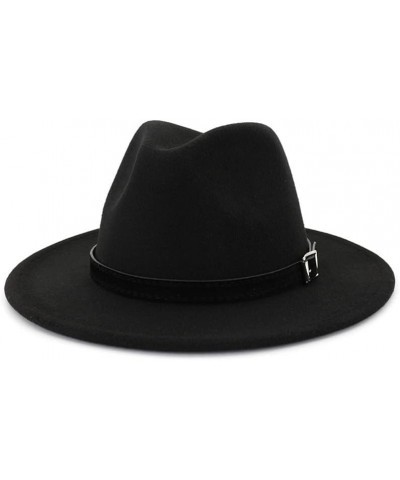 Men Women Wide Brim Wool Felt Fedora Panama Hat with Belt Buckle Jazz Trilby Cap Formal Top Hat Black $15.06 Fedoras