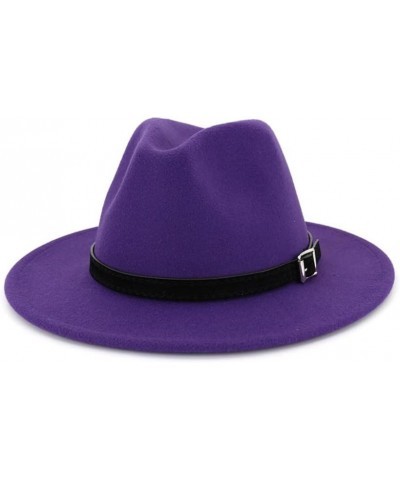 Men Women Wide Brim Wool Felt Fedora Panama Hat with Belt Buckle Jazz Trilby Cap Formal Top Hat Black $15.06 Fedoras