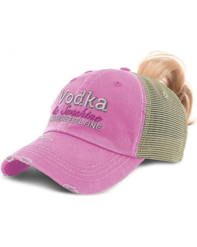 Womens Ponytail Cap Vodka & Sunshine Make Me Feel Fine Cotton Distressed Trucker Hats Soft Pink $13.92 Baseball Caps