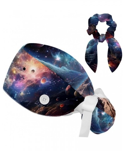 Scrub Hat Galaxy Starry Sky Adjustable Working Cap with Button Bow Hair Scrunchies for Women Color 2 $10.63 Skullies & Beanies