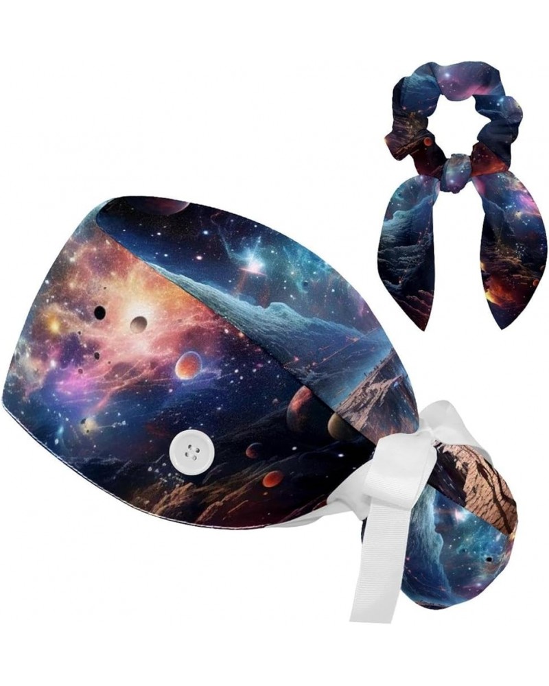 Scrub Hat Galaxy Starry Sky Adjustable Working Cap with Button Bow Hair Scrunchies for Women Color 2 $10.63 Skullies & Beanies