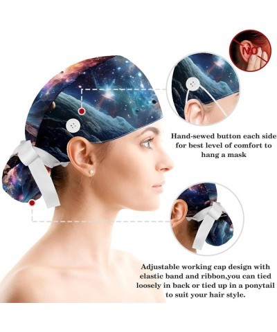 Scrub Hat Galaxy Starry Sky Adjustable Working Cap with Button Bow Hair Scrunchies for Women Color 2 $10.63 Skullies & Beanies