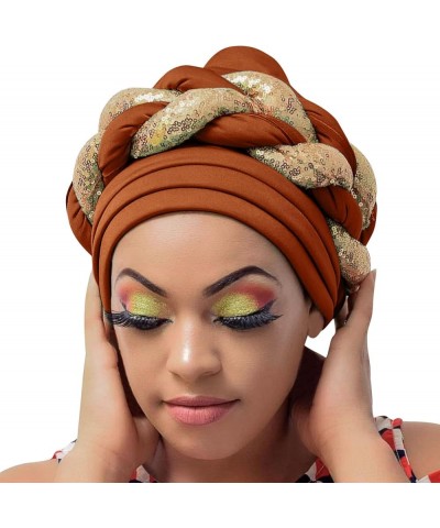 Women Sequin African Turban Bow Knot Pre-Tied Cap Pleated Ruffle Bonnet Hat Headwrap Caps Gifts Christmas Bronze $7.89 Skulli...