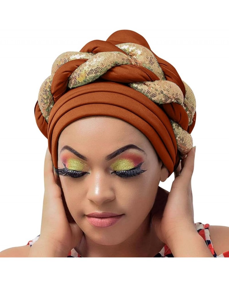 Women Sequin African Turban Bow Knot Pre-Tied Cap Pleated Ruffle Bonnet Hat Headwrap Caps Gifts Christmas Bronze $7.89 Skulli...