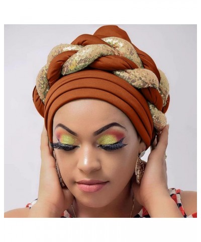 Women Sequin African Turban Bow Knot Pre-Tied Cap Pleated Ruffle Bonnet Hat Headwrap Caps Gifts Christmas Bronze $7.89 Skulli...