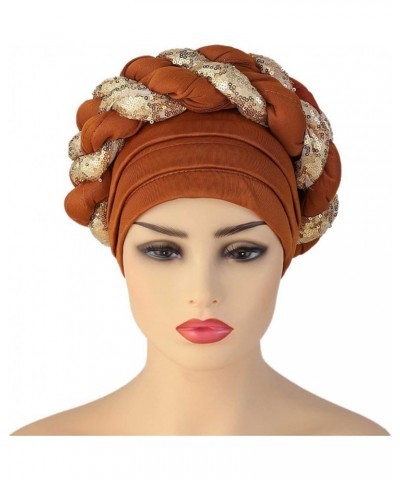 Women Sequin African Turban Bow Knot Pre-Tied Cap Pleated Ruffle Bonnet Hat Headwrap Caps Gifts Christmas Bronze $7.89 Skulli...