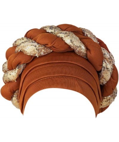 Women Sequin African Turban Bow Knot Pre-Tied Cap Pleated Ruffle Bonnet Hat Headwrap Caps Gifts Christmas Bronze $7.89 Skulli...