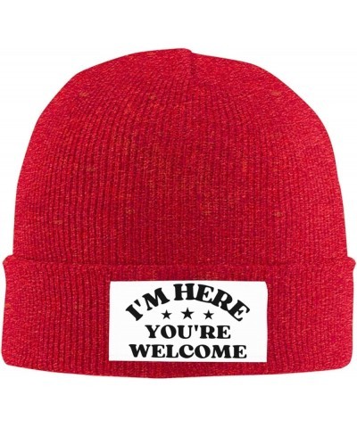 I'm Here You're Welcome Knit Hat Beanie Winter Hat Men Women Warm Knitted Brimless Cap Red $17.65 Skullies & Beanies