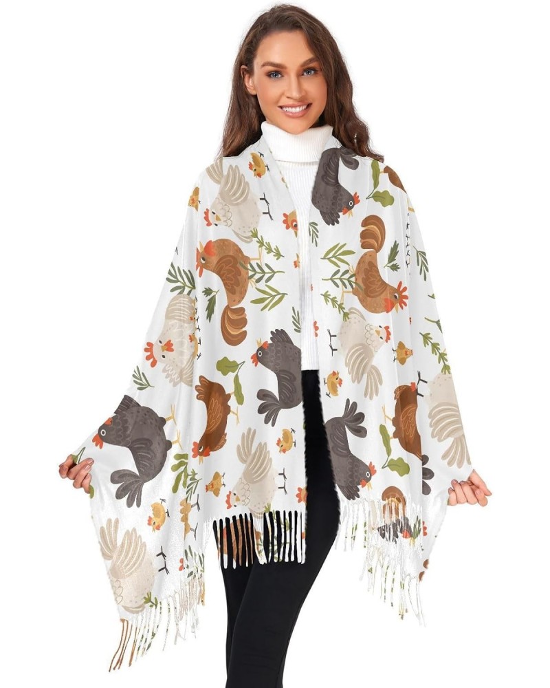 Cute Roosters Chickens Women Wrap Pashmina Shawl, Hens Plants Winter Warm Long Scarf with Tassels for Evening Dress & Wedding...