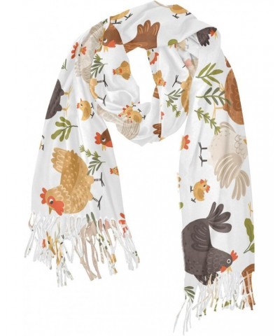 Cute Roosters Chickens Women Wrap Pashmina Shawl, Hens Plants Winter Warm Long Scarf with Tassels for Evening Dress & Wedding...