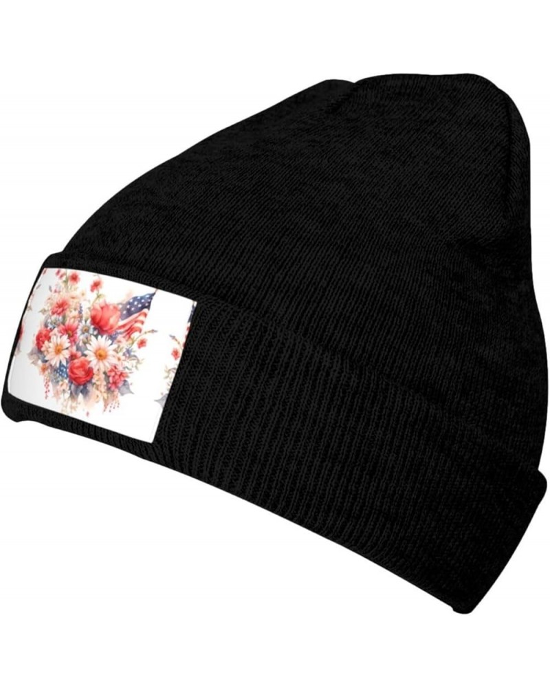 Black Knit Hat Cap Flags and Chrysanthemums Pattern Soft Good Elasticity Suitable for Outdoor Sports Black $9.24 Skullies & B...