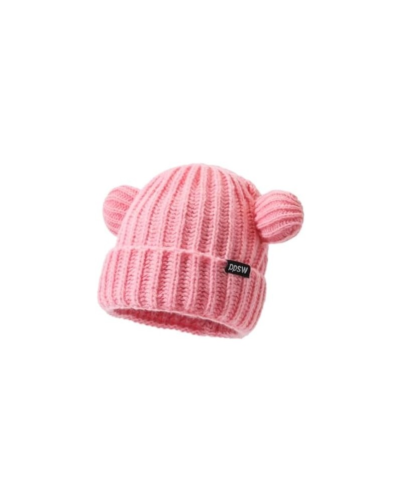 Women Winter Beanie Hat, Bear Ears Hat Warm Knitted Fleece Lined Woollen Ski Pompom Hat Pink $8.72 Skullies & Beanies