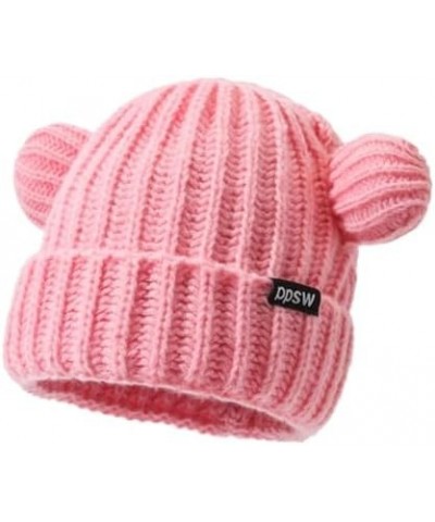 Women Winter Beanie Hat, Bear Ears Hat Warm Knitted Fleece Lined Woollen Ski Pompom Hat Pink $8.72 Skullies & Beanies