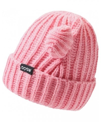 Women Winter Beanie Hat, Bear Ears Hat Warm Knitted Fleece Lined Woollen Ski Pompom Hat Pink $8.72 Skullies & Beanies