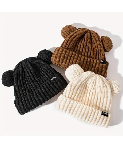 Women Winter Beanie Hat, Bear Ears Hat Warm Knitted Fleece Lined Woollen Ski Pompom Hat Pink $8.72 Skullies & Beanies