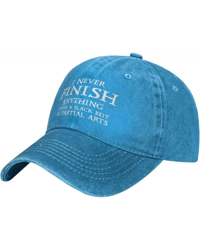 Women's and Men's Baseball Hat Adjustable I Never Finish Anything Washed Denim Vintage Dad Hat Blue $10.30 Baseball Caps