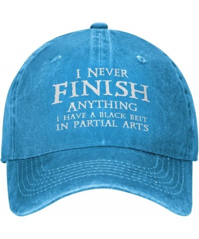 Women's and Men's Baseball Hat Adjustable I Never Finish Anything Washed Denim Vintage Dad Hat Blue $10.30 Baseball Caps