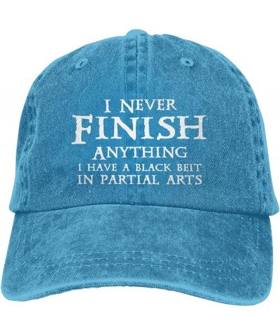 Women's and Men's Baseball Hat Adjustable I Never Finish Anything Washed Denim Vintage Dad Hat Blue $10.30 Baseball Caps