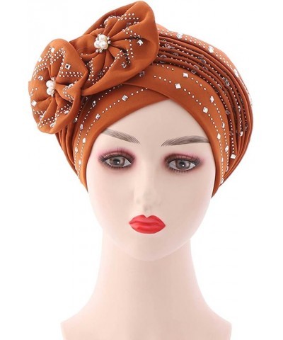 Fashion Women African Pattern Turban Flower Caps Beading Braid Hat Muslim Ruffle Cancer Wrap Cap Sleep Caps Hair Bonnets B-br...