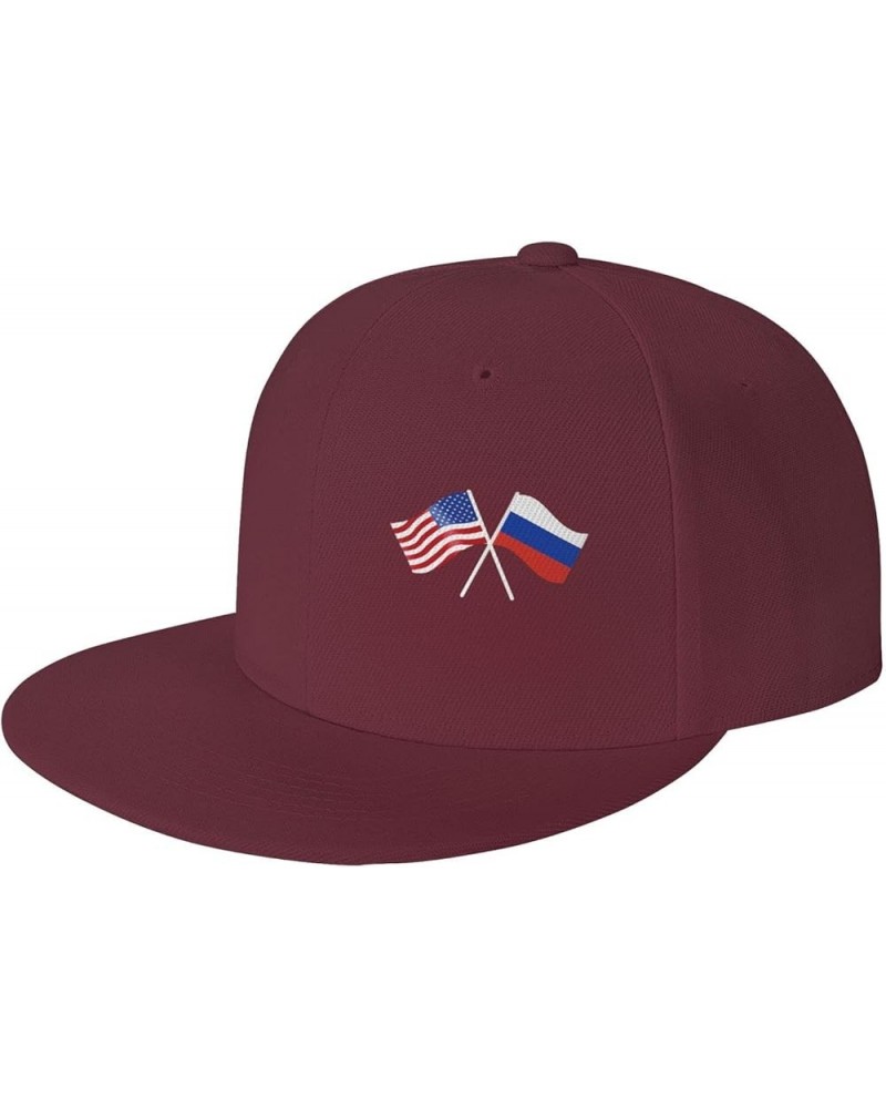 American and Russia Flag Flat Brim Cap Unisex Flat Bill Baseball Cap Dark Red $13.30 Baseball Caps